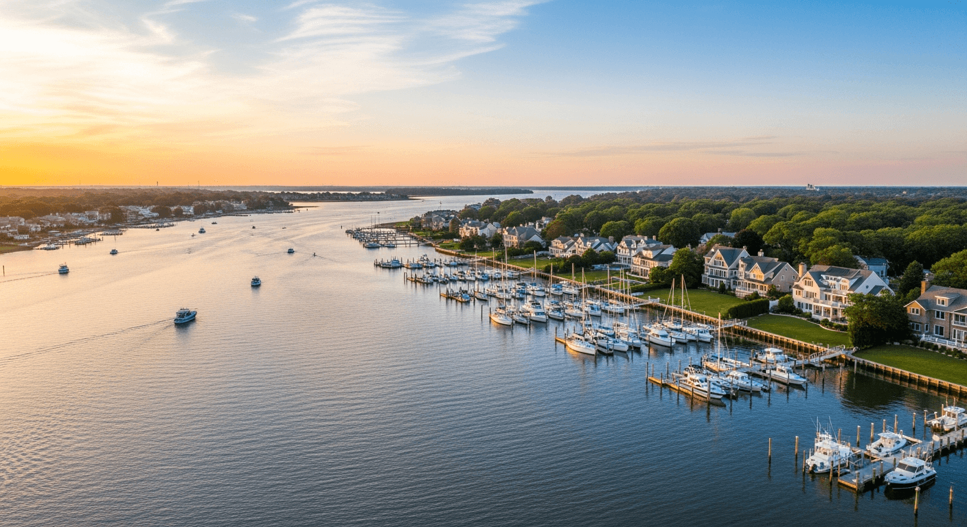 Aerial view of the Fair Haven waterfront and marina at golden hour